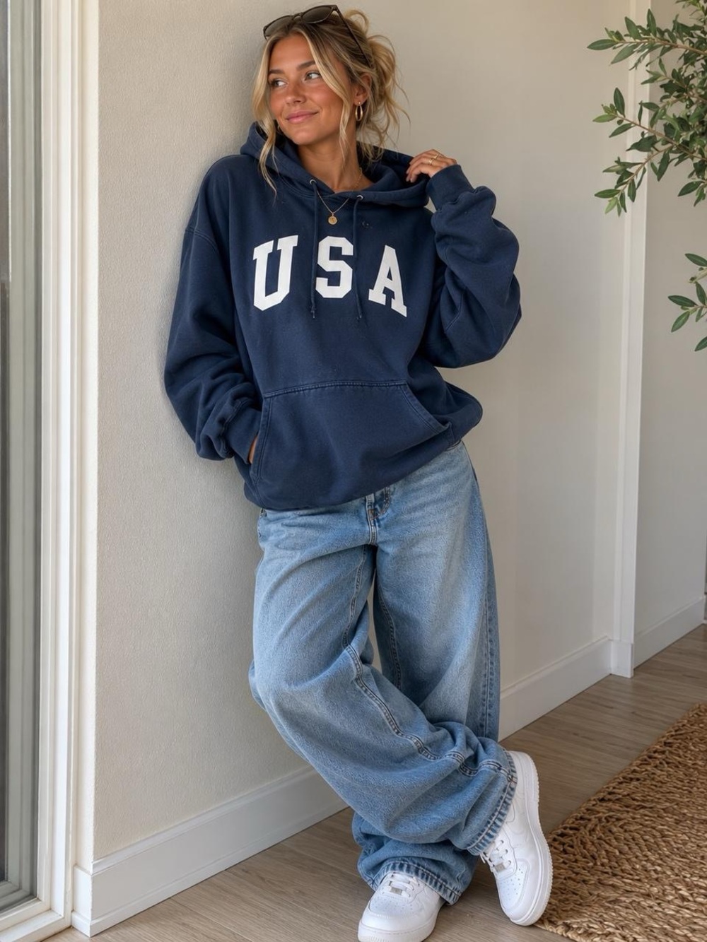 Brandy Melville John Galt Navy Blue Oversized USA Hoodie